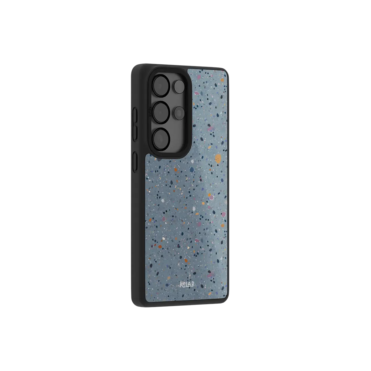 Minimalist phone case for Samsung Galaxy in light blue with paint splatter pattern and TPU material