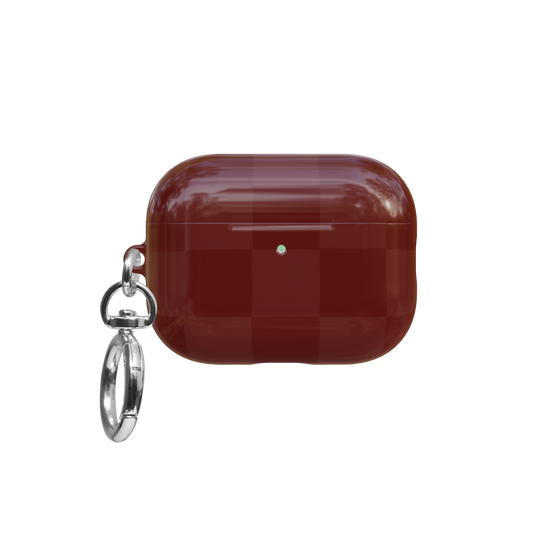 Burgundy Checkerboard airpods pro case front view with closed lid and keychain