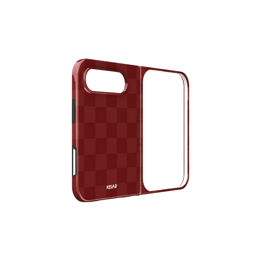 Burgundy Checkerboard, Preppy Retro iPhone 18 Fold Case, unfolded side view showing the hinge