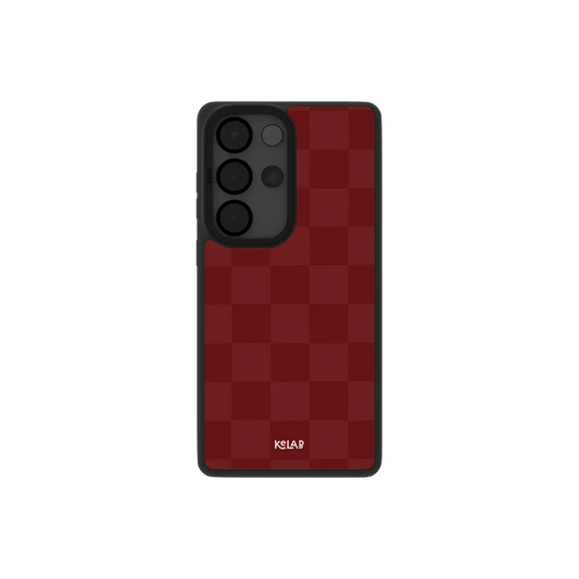 Burgundy checkerboard Samsung Galaxy case, back view with wine red and cream checks around the camera cutout