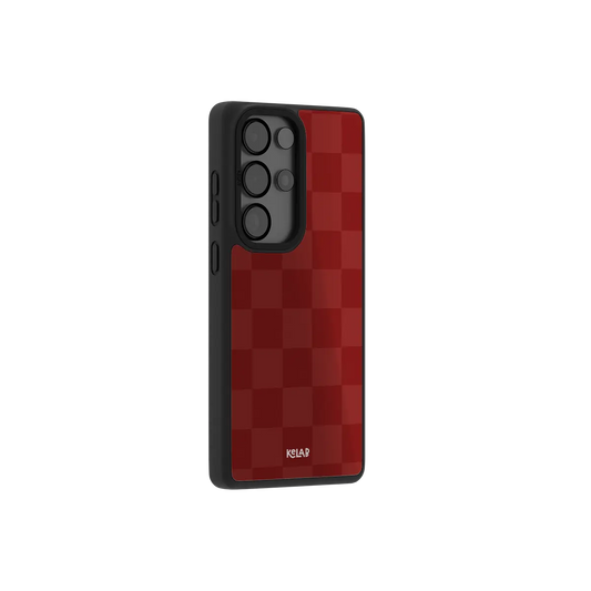 Burgundy checkerboard Samsung Galaxy case at a side angle showing the wrapped button covers
