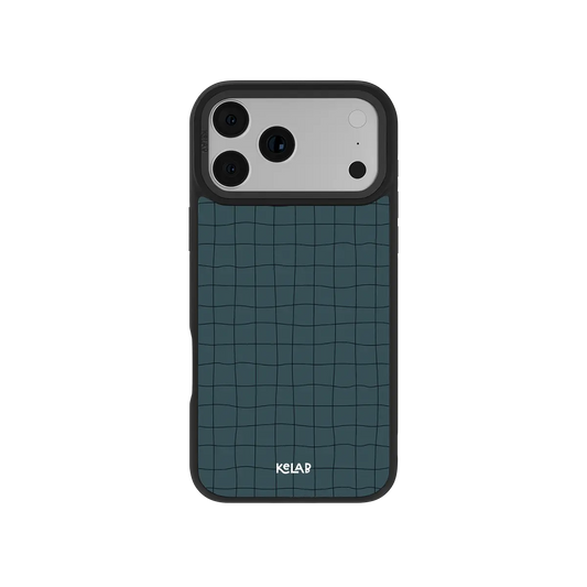 Minimalist KELAB iPhone Case muted cyan abstract grid pattern with black camera rings