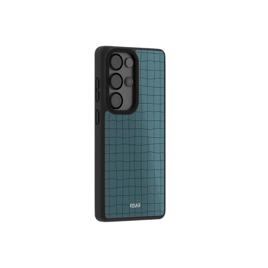 Cyan grid Samsung Galaxy case at a side angle showing the wrapped button covers