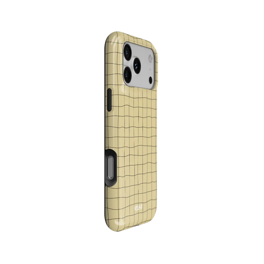 Sunlace Mesh butter yellow grid Tough iPhone case, side view showing the pattern wrapped around the shell.