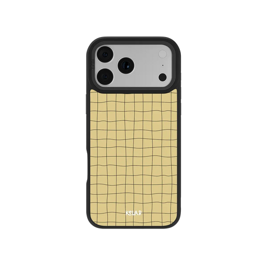 Butter yellow grid KELAB iPhone Case with wavy line pattern and camera openings