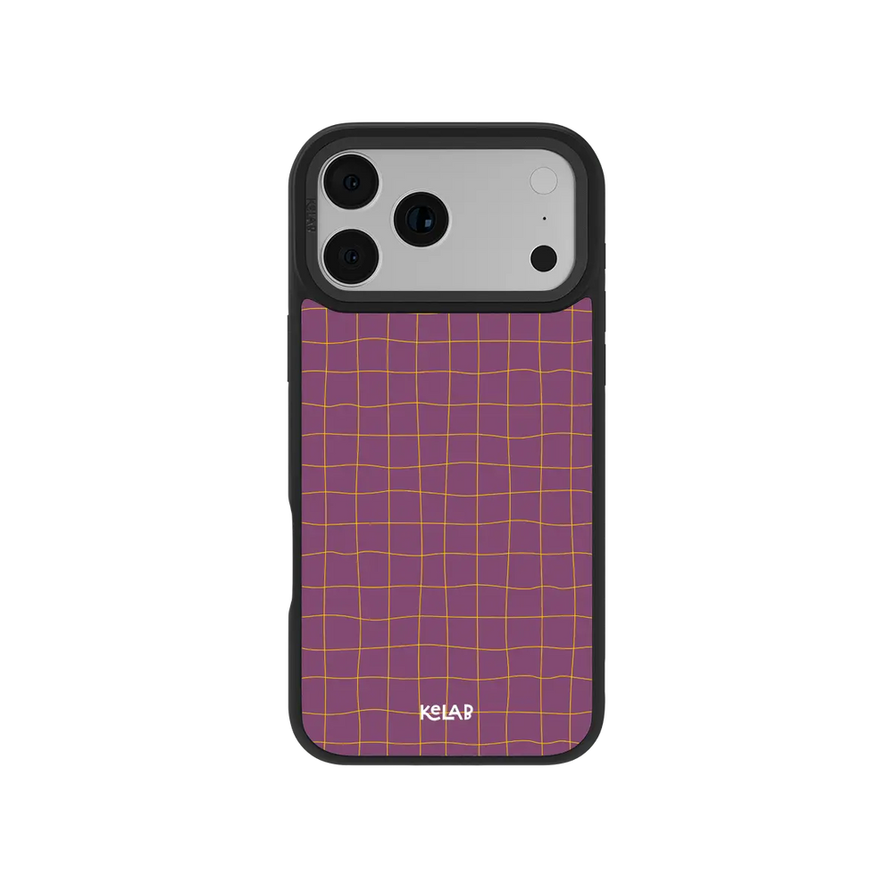 Purple grid KELAB iPhone Case with gold lines and camera openings