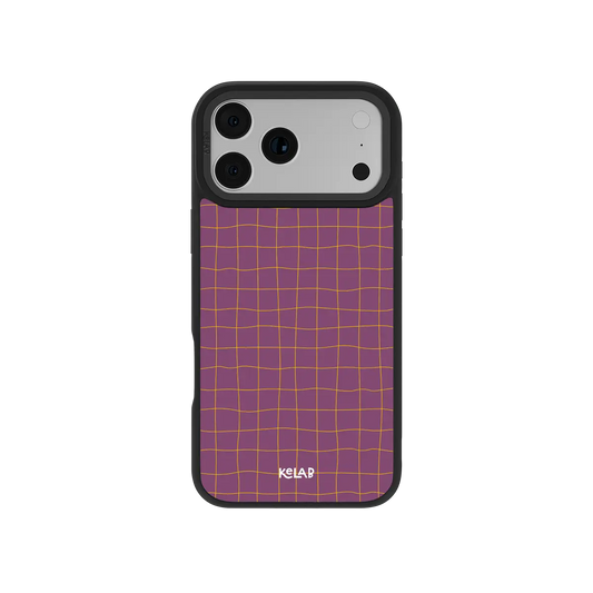 Purple grid KELAB iPhone Case with gold lines and camera openings