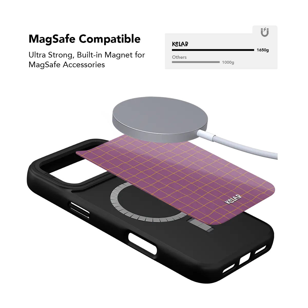 Black KELAB iPhone Case with mauve grid pattern and KELAB lettering on the back