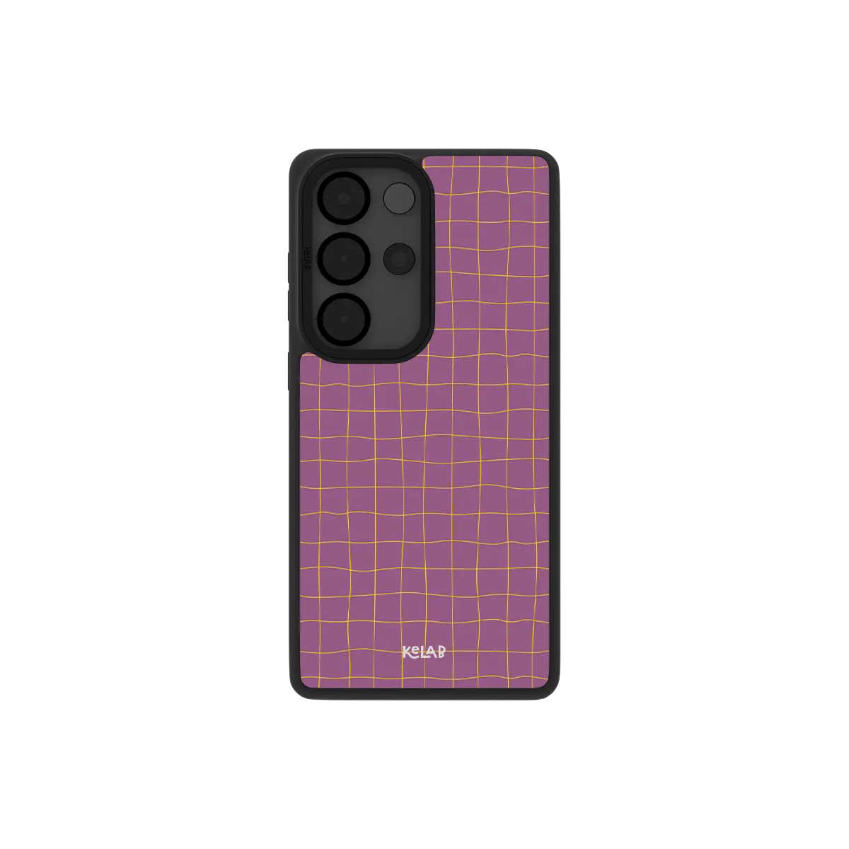 Pink grid Samsung Galaxy case, back view with saffron orange grid lines on mauve around the camera cutout