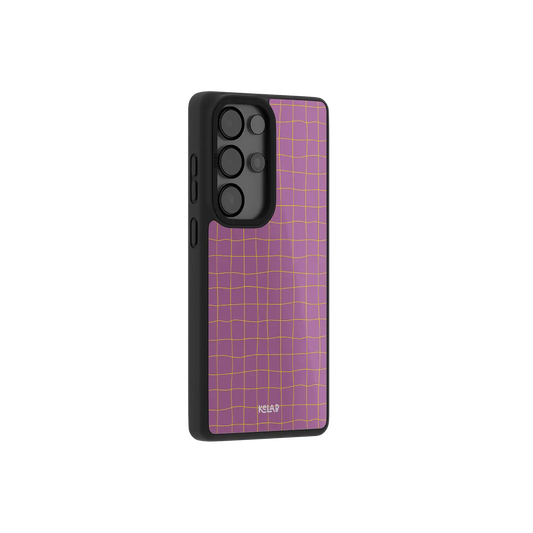 Pink grid Samsung Galaxy case at a side angle showing the wrapped button covers