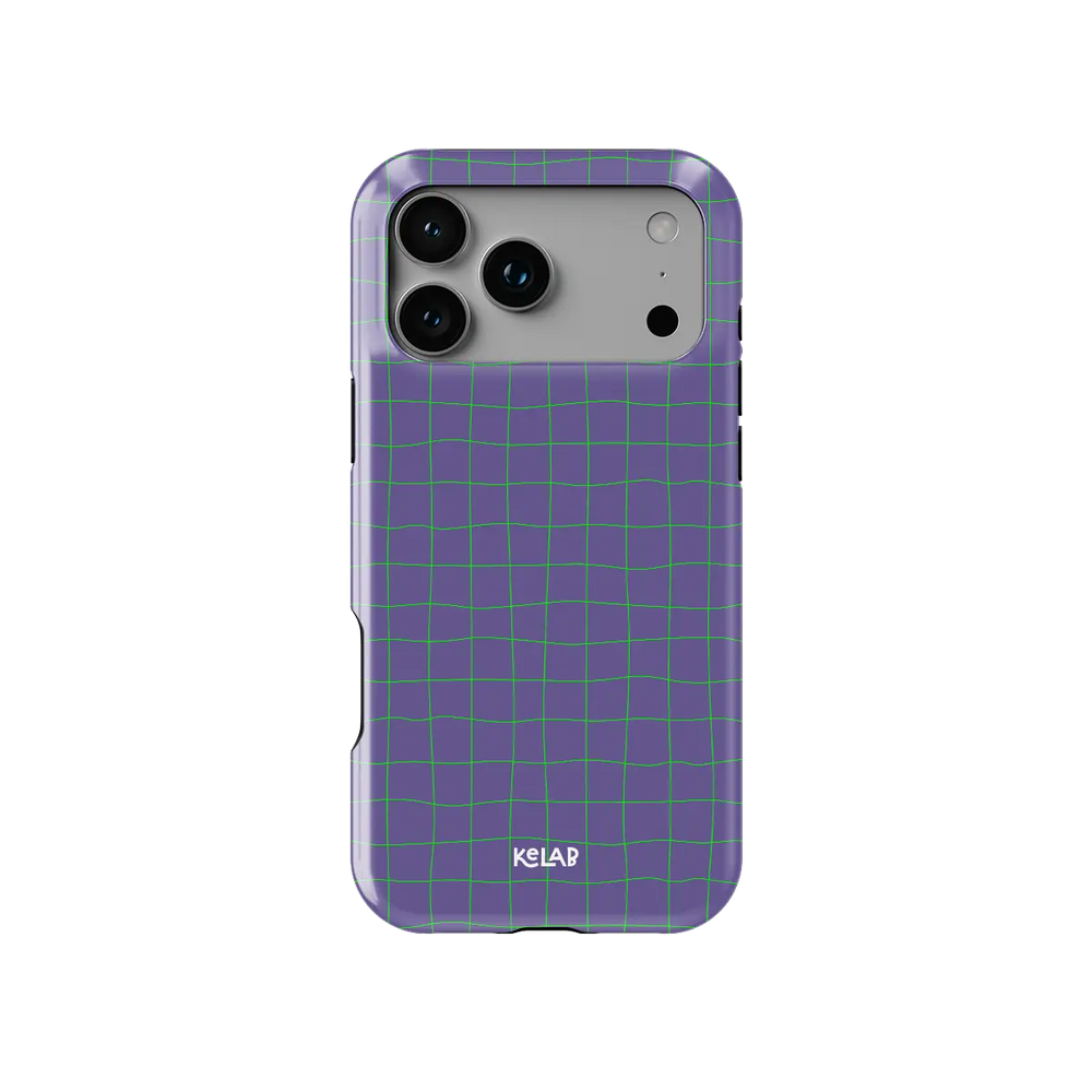 Violet Thread purple and green grid Tough iPhone case, front view showing the pattern.