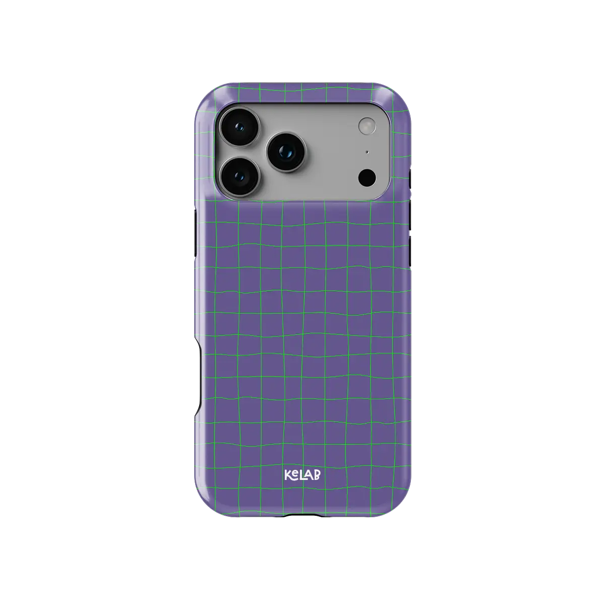 Violet Thread purple and green grid Tough iPhone case, front view showing the pattern.