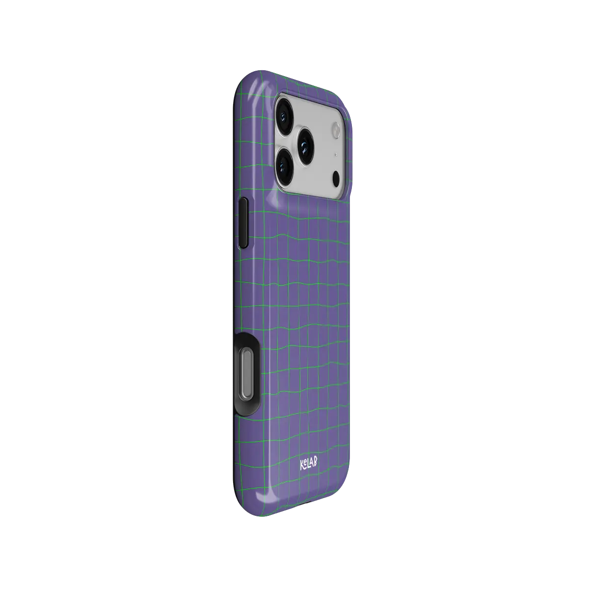 Violet Thread purple and green grid Tough iPhone case, side view showing the pattern wrapped around the shell.