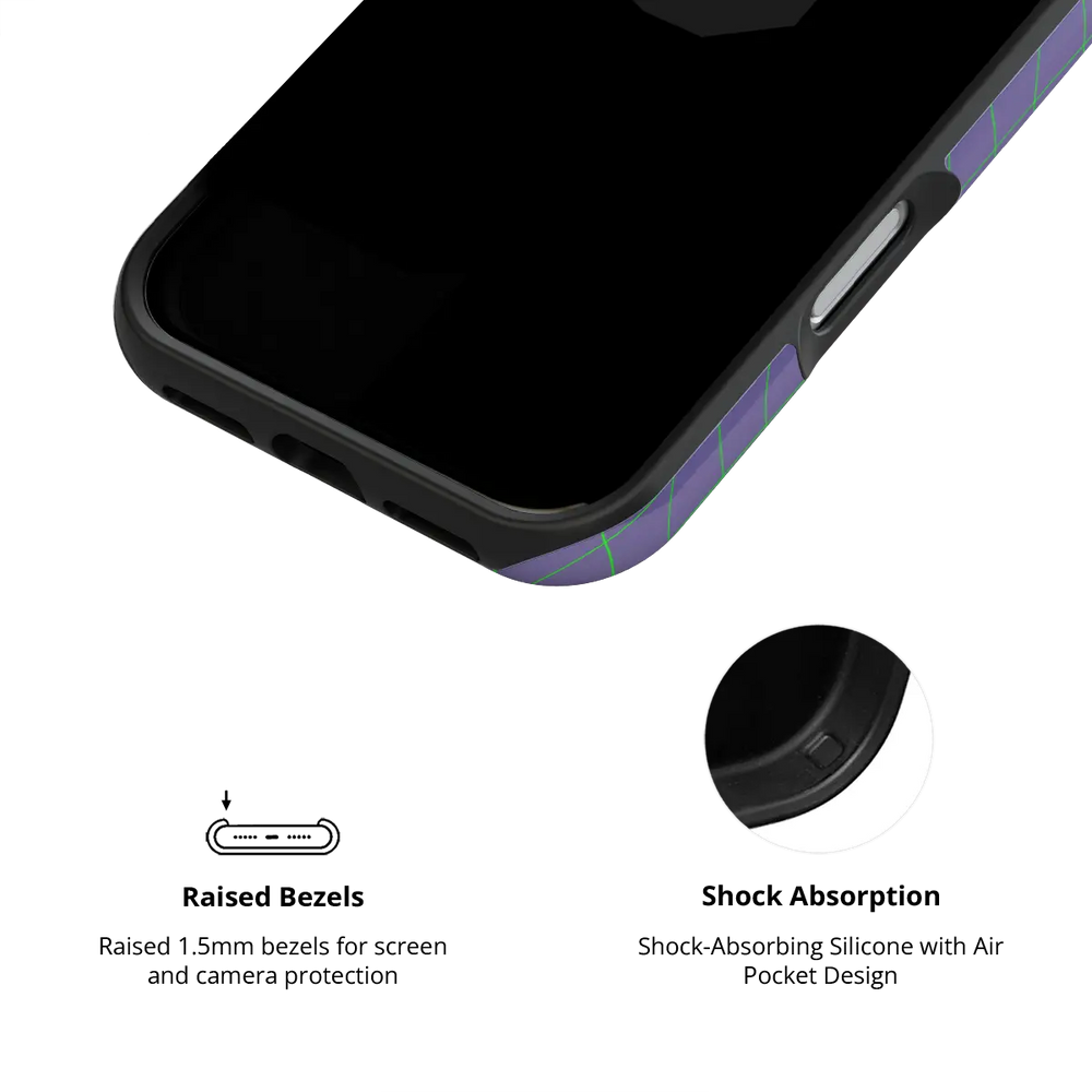 Violet Thread purple and green grid Tough iPhone case inner view showing shock-absorbing drop protection.