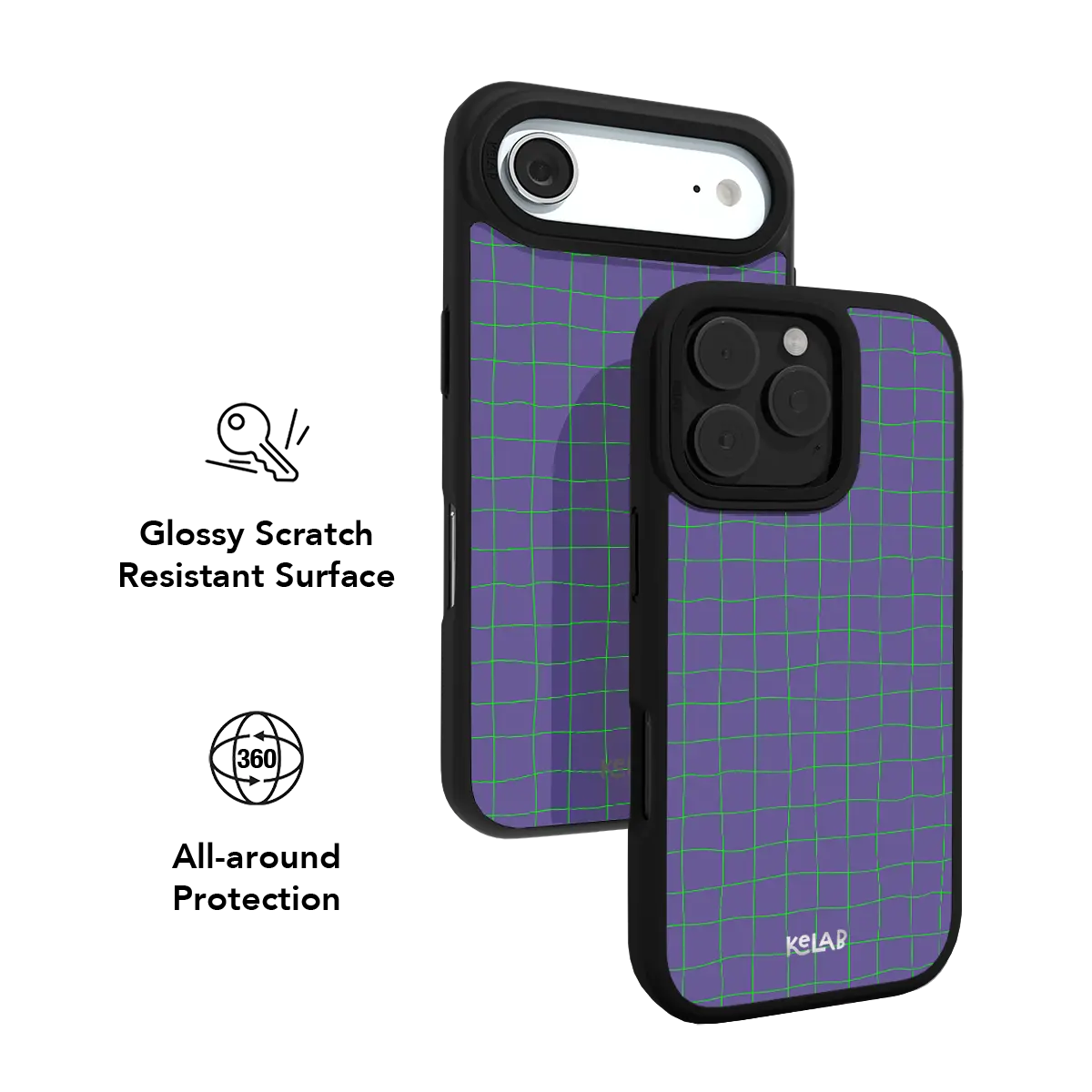 KELAB iPhone Case purple grid pattern with green lines and black protective frame