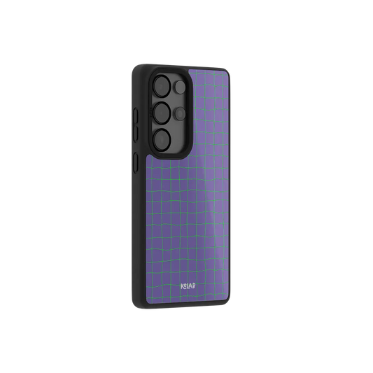 Purple grid Samsung Galaxy case at a side angle showing the wrapped button covers
