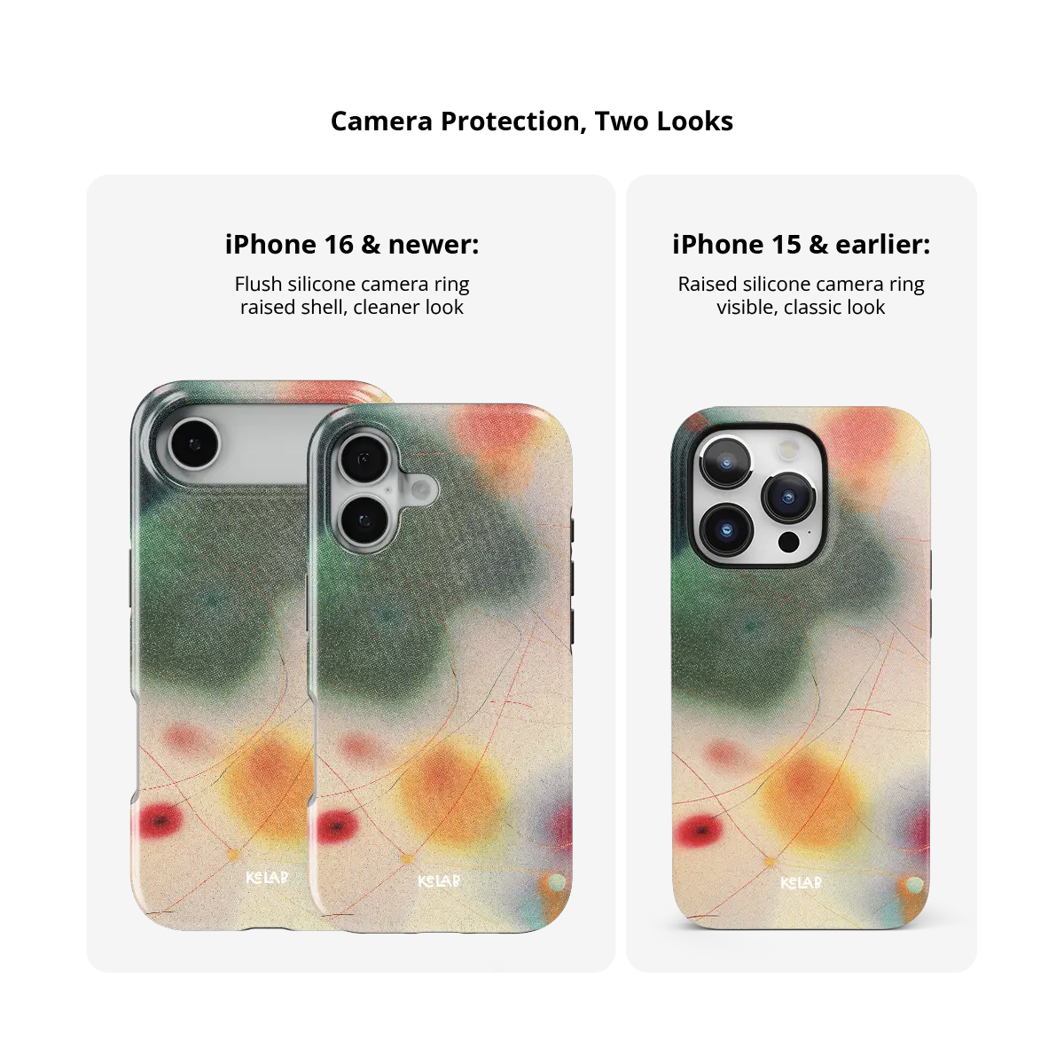 Green Aura Gradient Cute iPhone Case, camera protection and iPhone model size comparison
