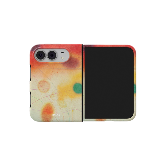 Sunset Ombre, Red Dopamine Aura iPhone 18 Fold Case, unfolded side view showing the hinge