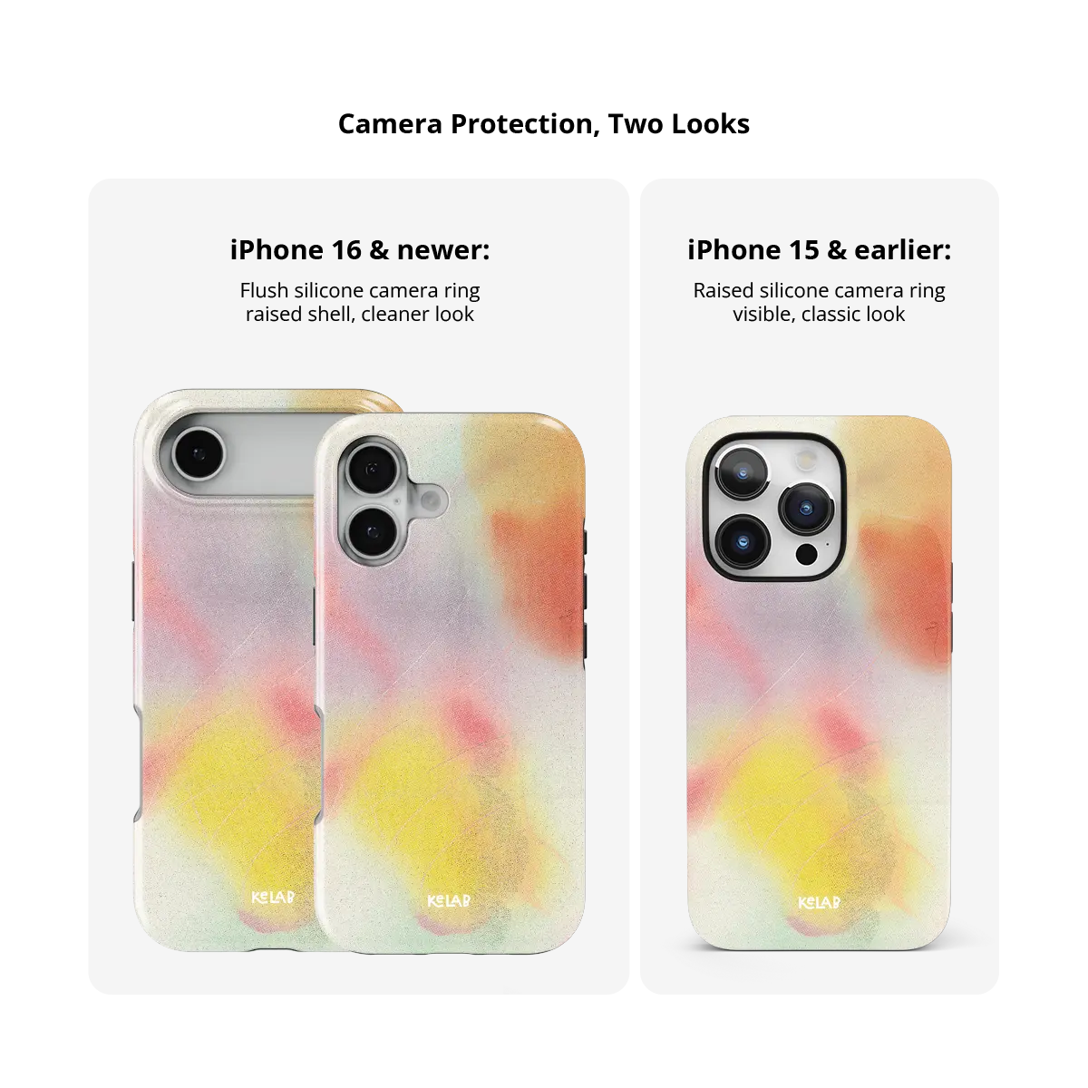 Pink Orange Ombre Dopamine Gradient iPhone Case, camera protection and iPhone model size comparison