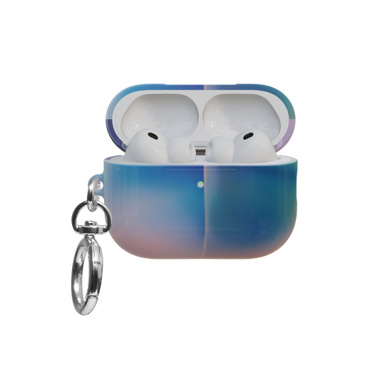 Pastel Kawaii Aura Gradient airpods pro case front view with open lid and keychain