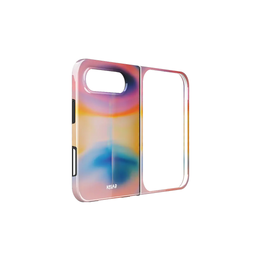 Pastel Aura Gradient, Dreamy Multicolor iPhone 18 Fold Case, unfolded side view showing the hinge