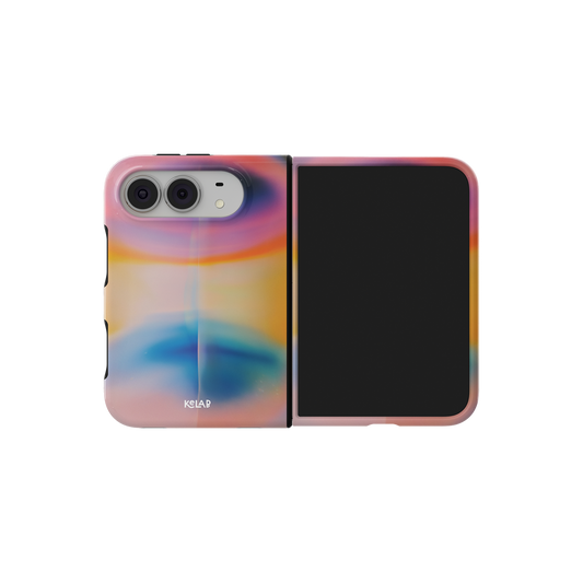 Pastel Aura Gradient, Dreamy Multicolor iPhone 18 Fold Case, unfolded side view showing the hinge