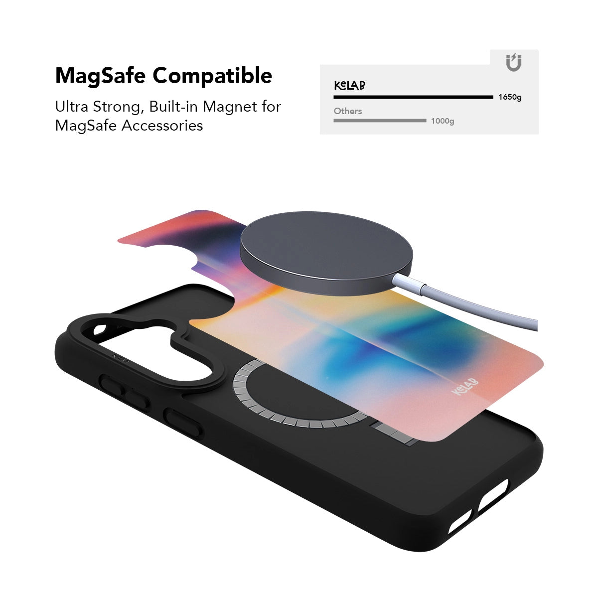 Minimalist Samsung Galaxy phone case in white with a colorful gradient pattern — designed for MagSafe compatibility