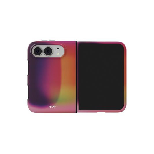 Purple Gradient Aura, Moody Dark iPhone 18 Fold Case, unfolded side view showing the hinge