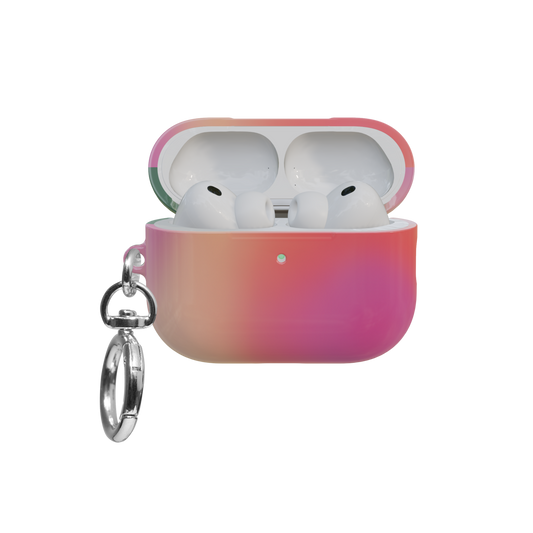 Colorful Dopamine Aura Gradient airpods pro case front view with open lid and keychain