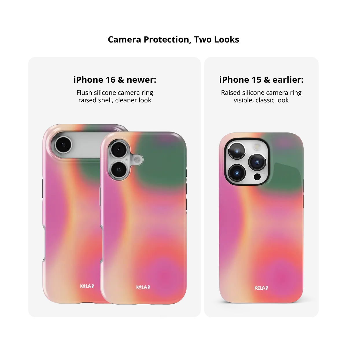 Aurora Pop colorful gradient aura Tough iPhone case size comparison across iPhone 15 to 18 models.