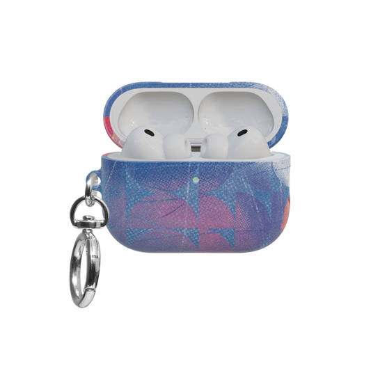 Blue Retro Geometric Circles airpods pro case front view with open lid and keychain