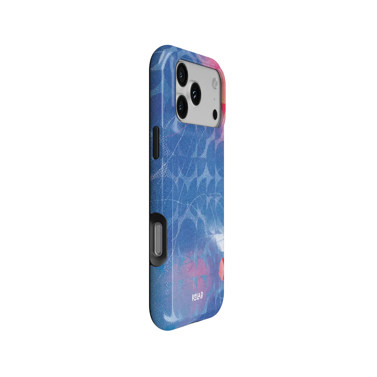 Cool Splash blue retro geometric circles Tough iPhone case, side view showing the pattern wrapped around the shell.