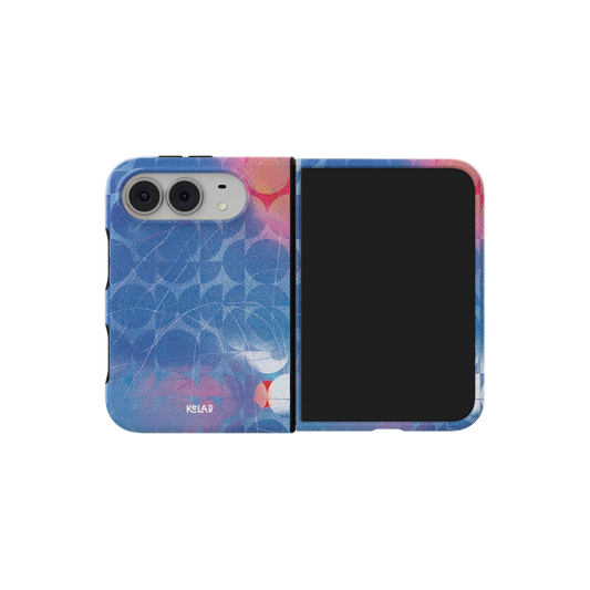 Blue Retro Geometric Circles, 70s iPhone 18 Fold Case, unfolded side view showing the hinge