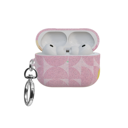Pink Retro Geometric Circles airpods pro case front view with open lid and keychain