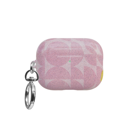 Pink Retro Geometric Circles airpods pro case front view with closed lid and keychain