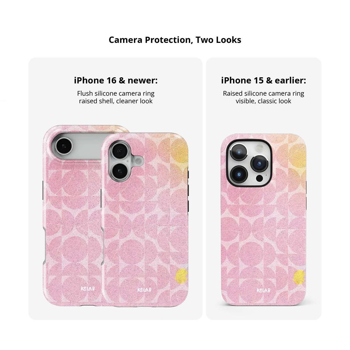 Bubblegum Breeze pink retro geometric circles Tough iPhone case size comparison across iPhone 15 to 18 models.