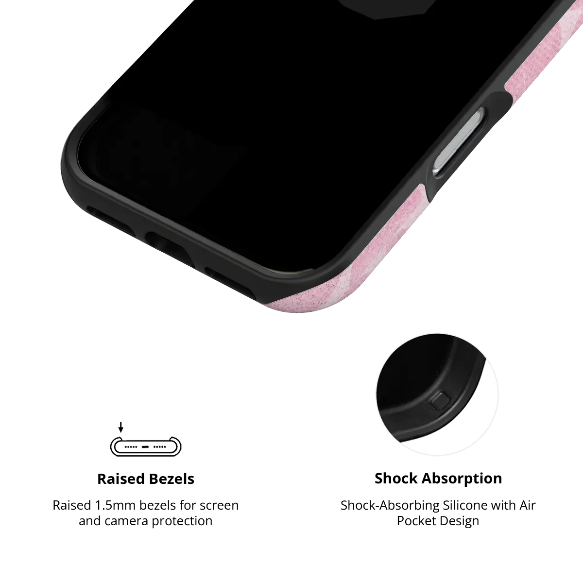 Bubblegum Breeze pink retro geometric circles Tough iPhone case inner view showing shock-absorbing drop protection.