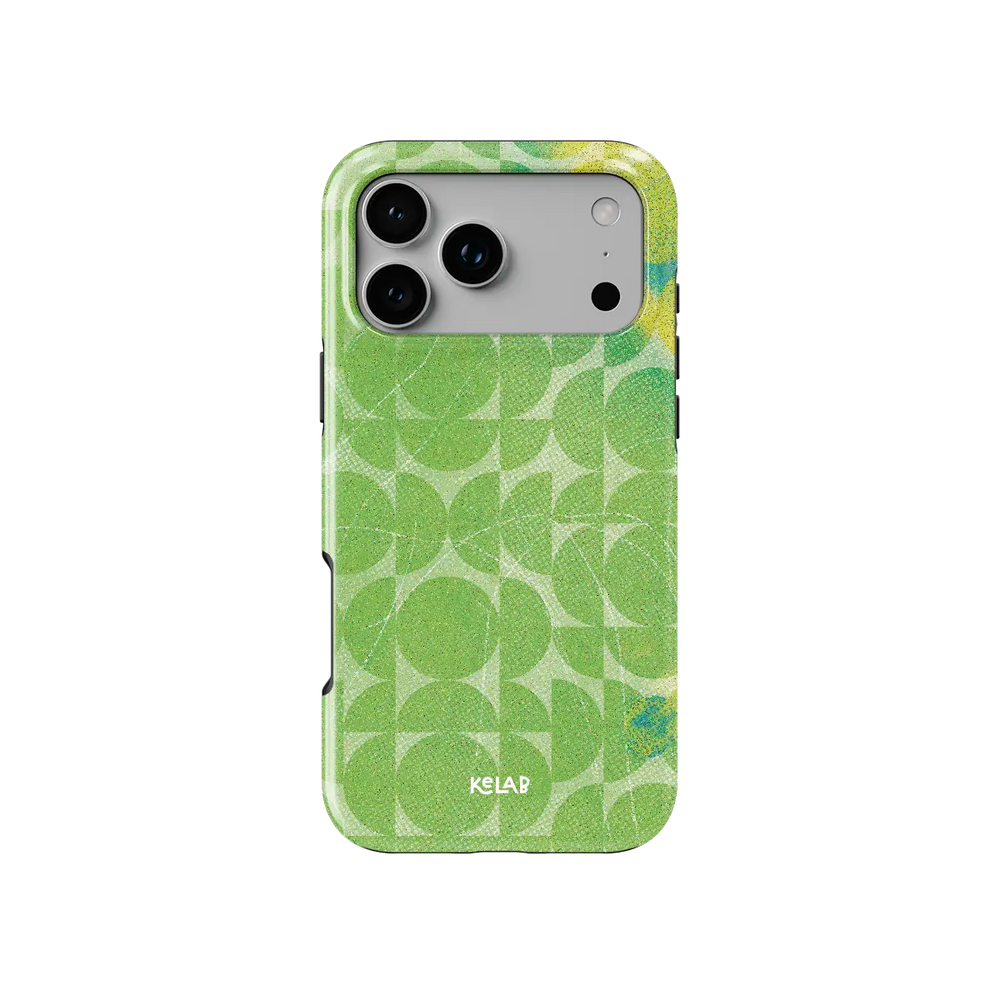 Lime Float green retro geometric circles Tough iPhone case, front view showing the pattern.