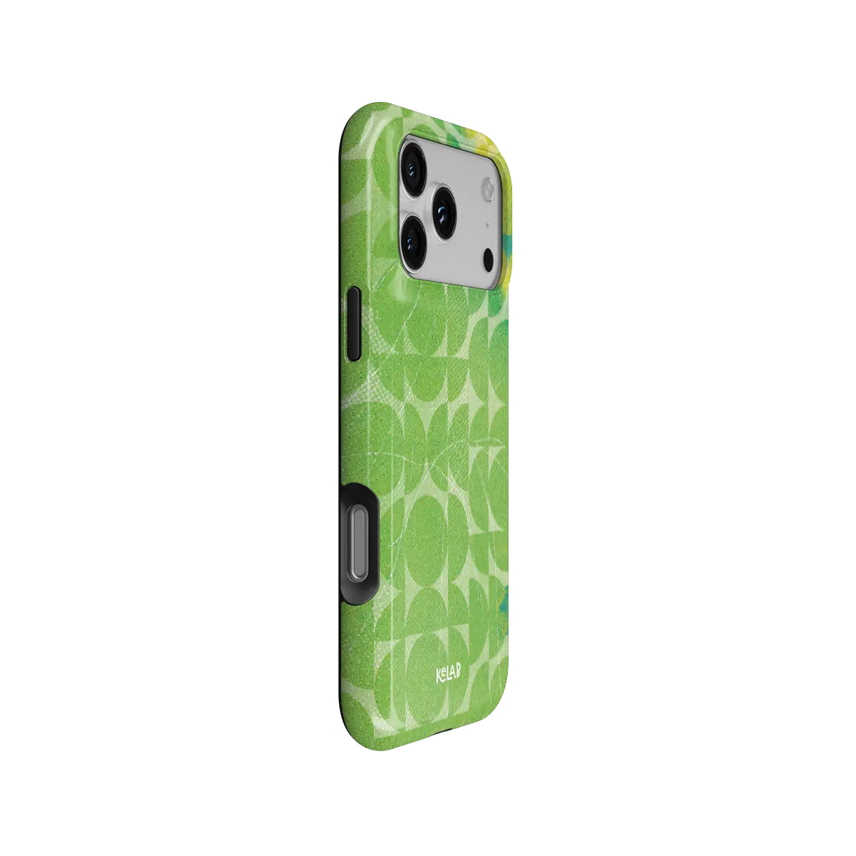 Lime Float green retro geometric circles Tough iPhone case, side view showing the pattern wrapped around the shell.