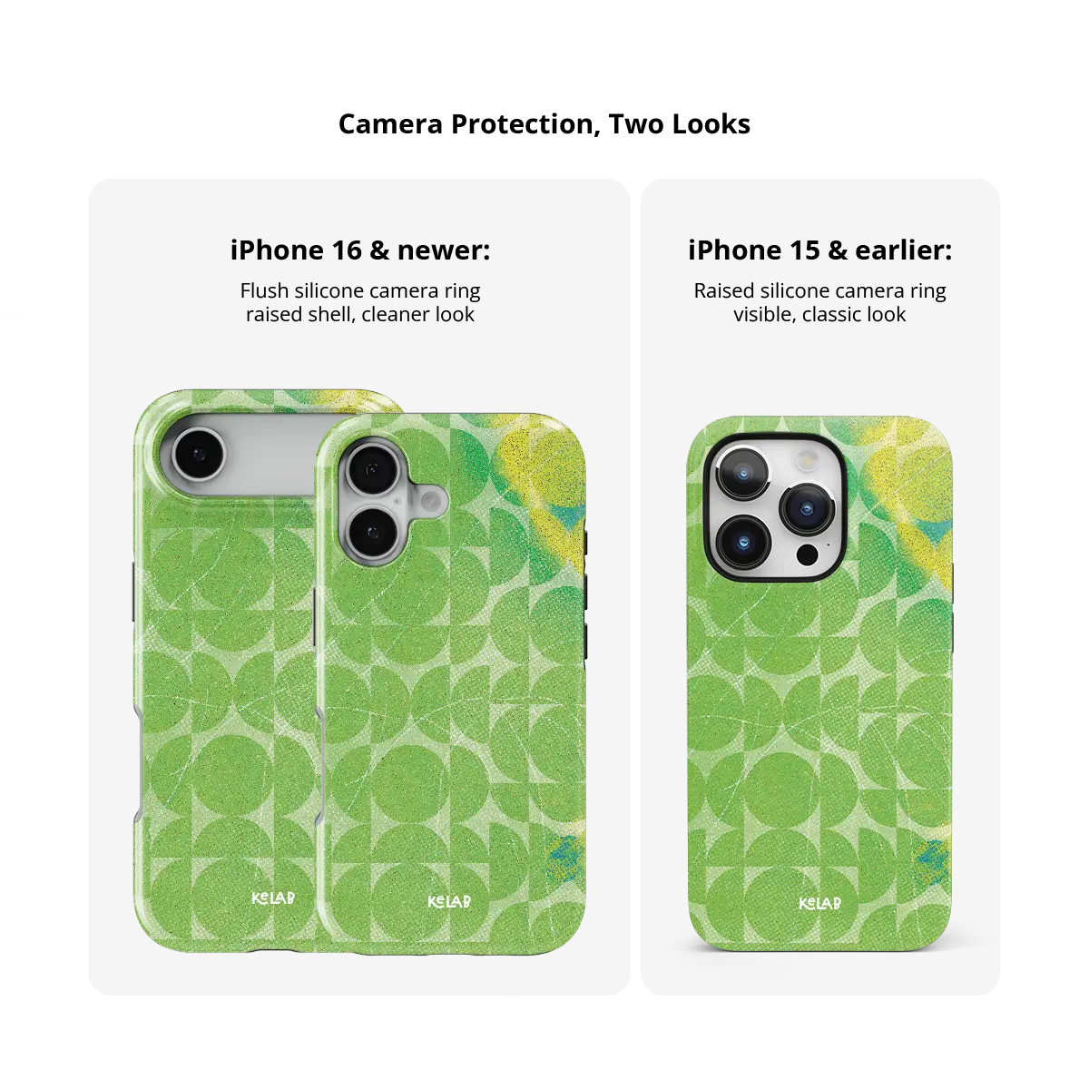 Lime Float green retro geometric circles Tough iPhone case size comparison across iPhone 15 to 18 models.