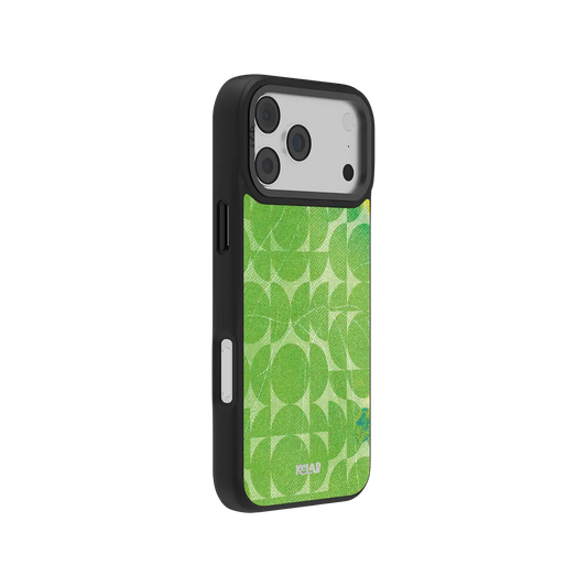 Geometric lime green KELAB iPhone Case with bold MagSafe design and camera openings