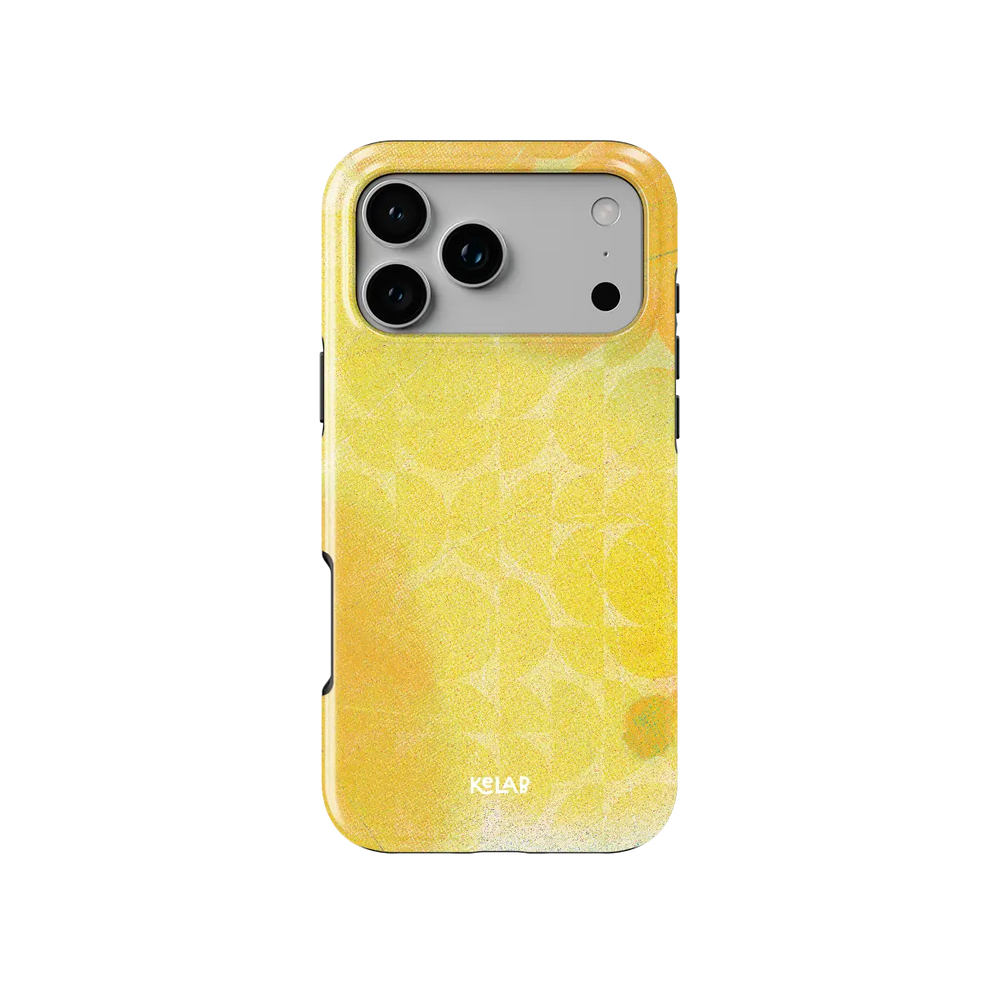 Zesty yellow retro geometric circles Tough iPhone case, front view showing the pattern.
