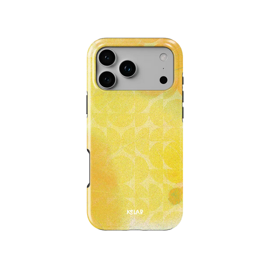 Zesty yellow retro geometric circles Tough iPhone case, front view showing the pattern.