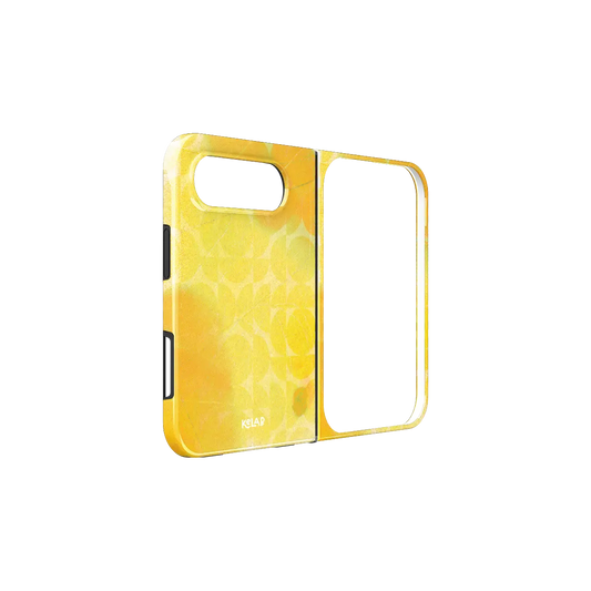 Yellow Retro Geometric Circles, 70s iPhone 18 Fold Case, unfolded side view showing the hinge