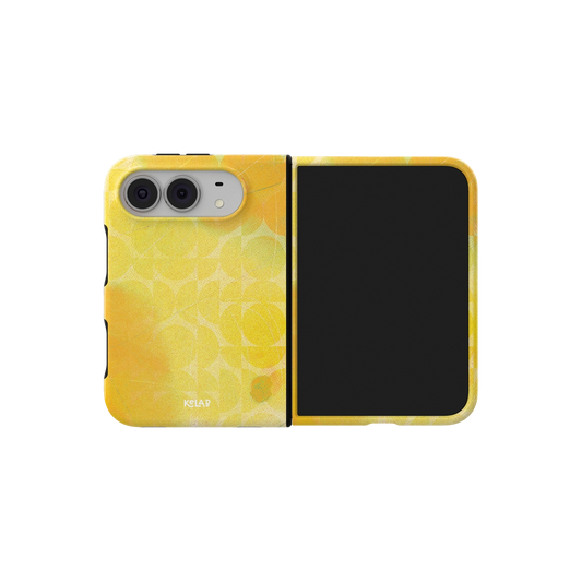 Yellow Retro Geometric Circles, 70s iPhone 18 Fold Case, unfolded side view showing the hinge