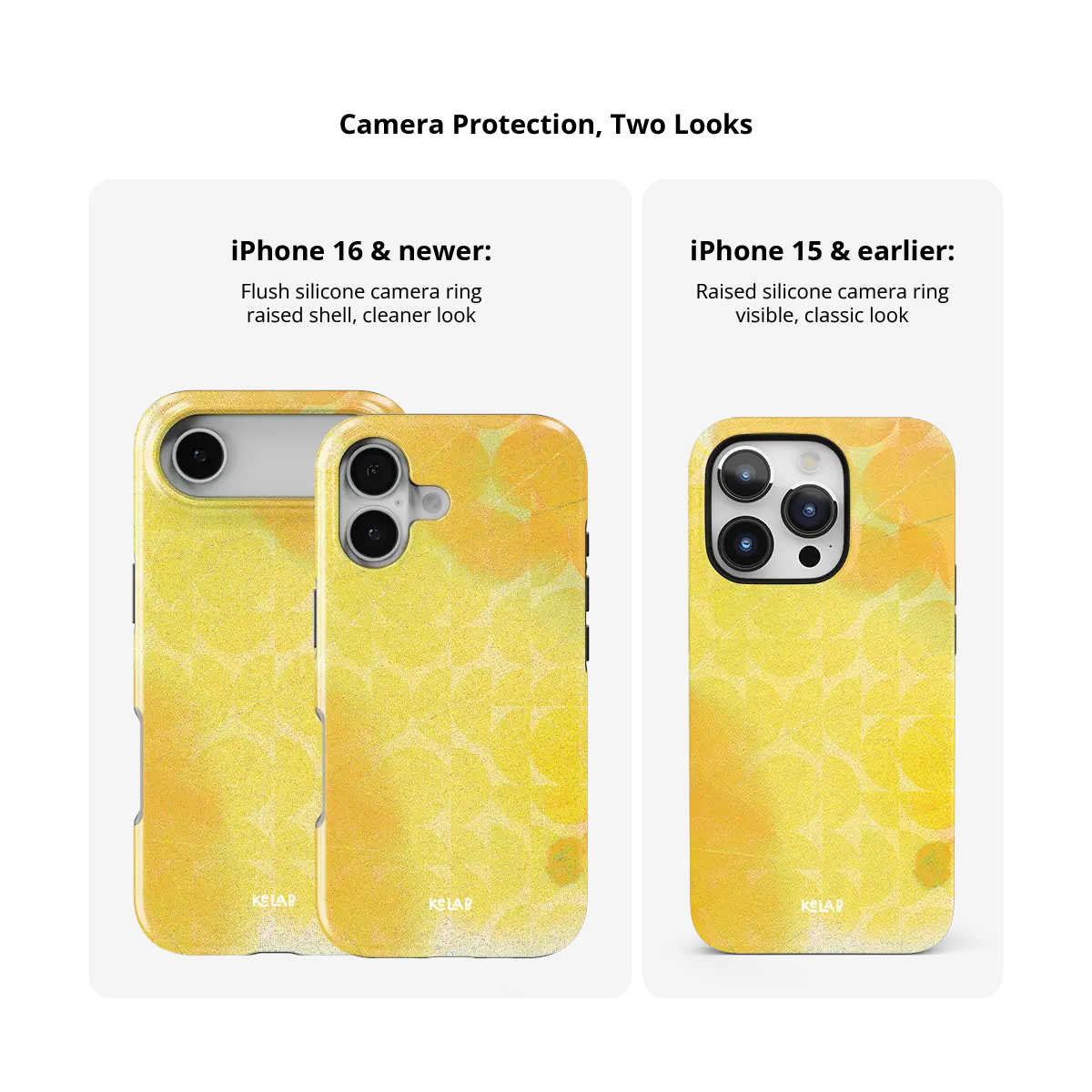 Zesty yellow retro geometric circles Tough iPhone case size comparison across iPhone 15 to 18 models.