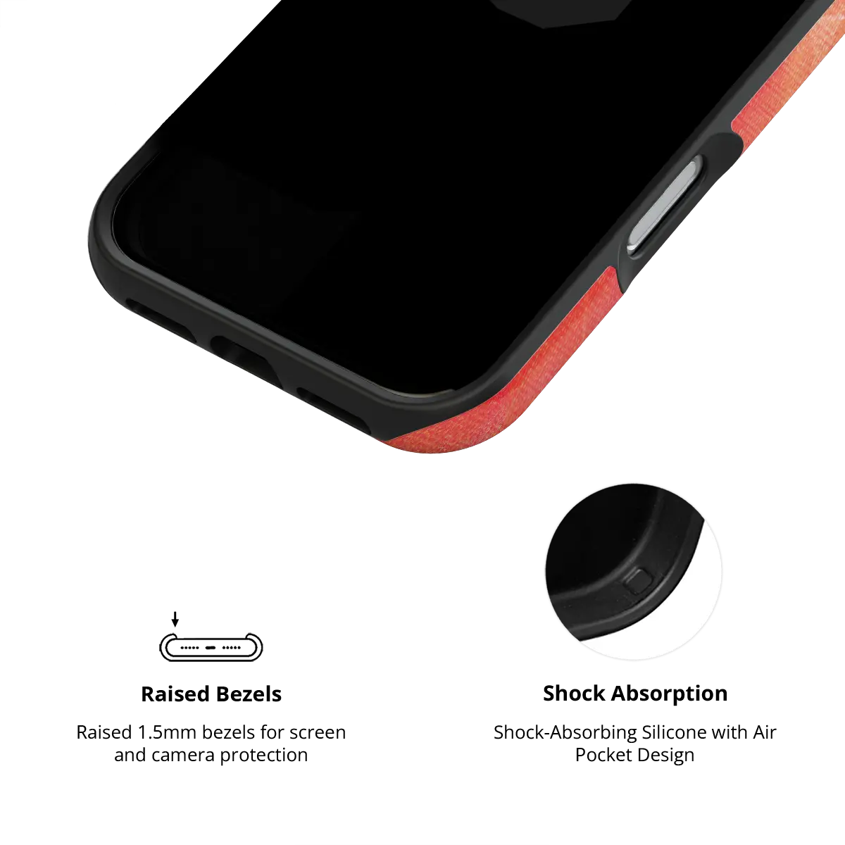 Sunset Squeeze red retro geometric circles Tough iPhone case inner view showing shock-absorbing drop protection.