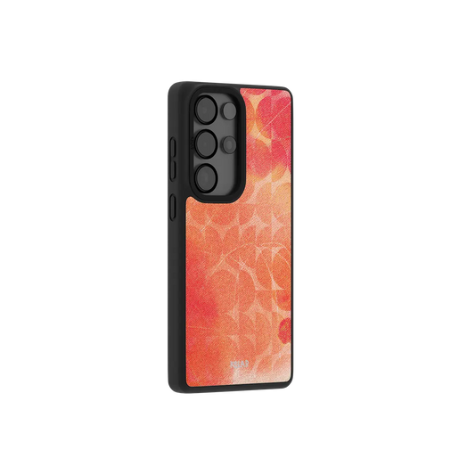 Red retro geometric Samsung Galaxy case at a side angle showing the wrapped button covers