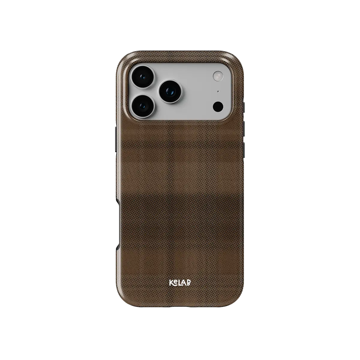 KELAB iphone case with plaid pattern, minimalist brown glossy polycarbonate shell and raised lip