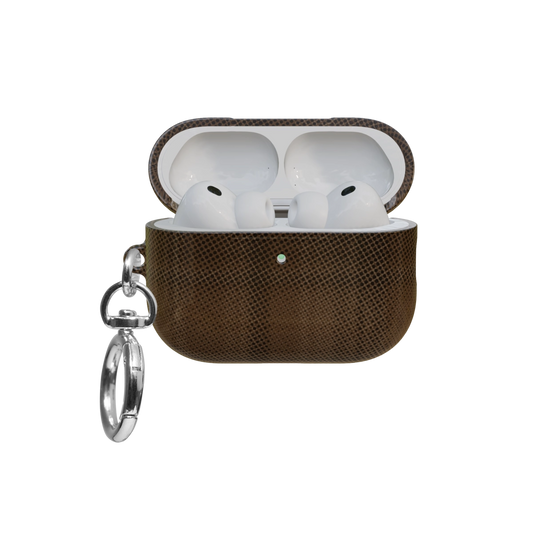 Brown Flannel Plaid Cozy Aesthetic airpods pro case front view with open lid and keychain